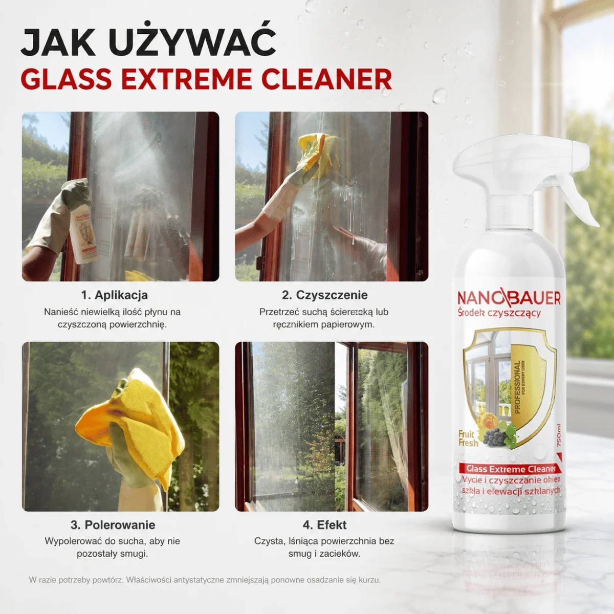 Płyn do mycia okien, szyb NANOBAUER GLASS EXTREME CLEANER 750 ML