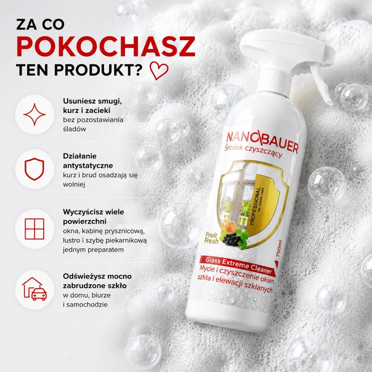 Płyn do mycia okien, szyb NANOBAUER GLASS EXTREME CLEANER 750 ML