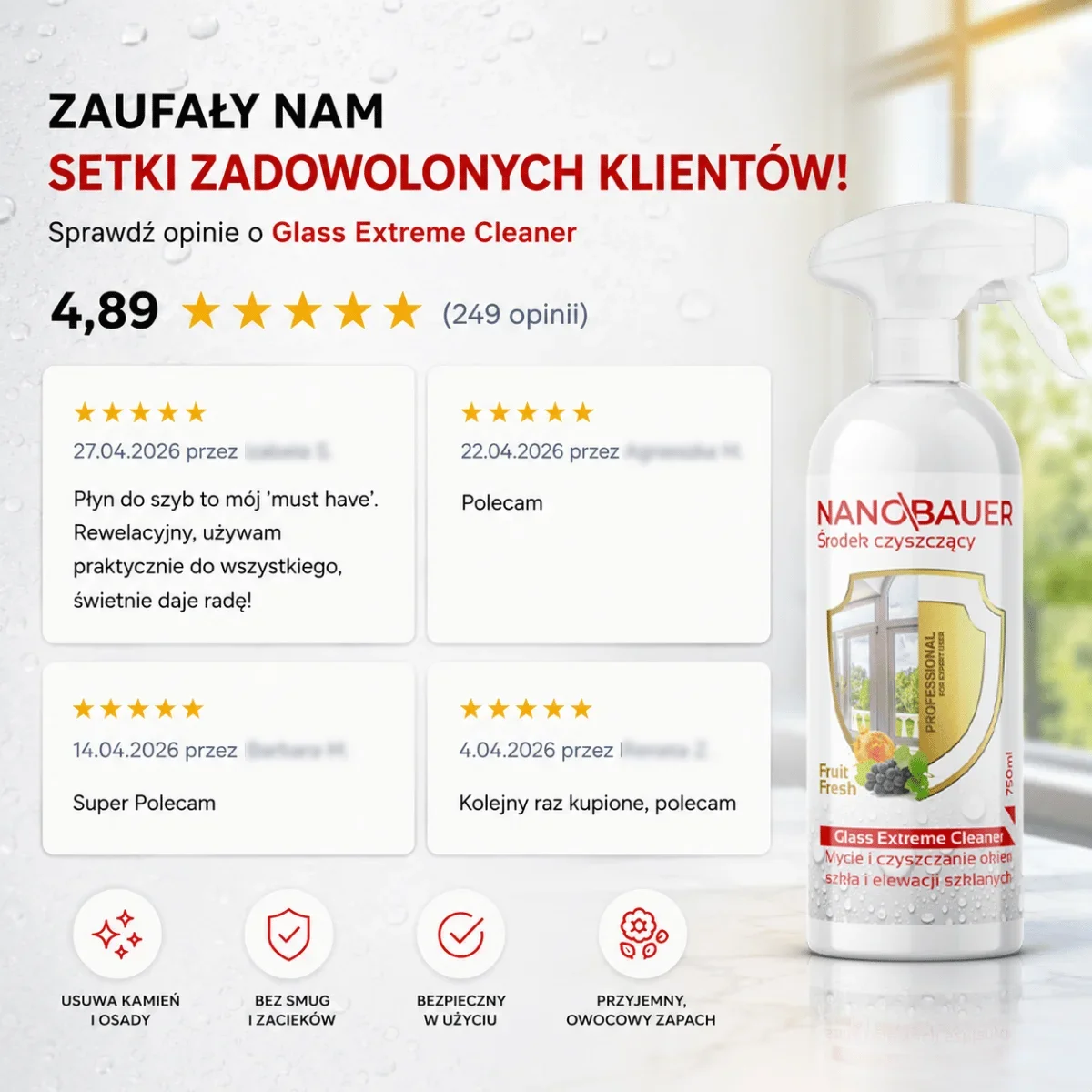 Płyn do mycia okien, szyb NANOBAUER GLASS EXTREME CLEANER 750 ML