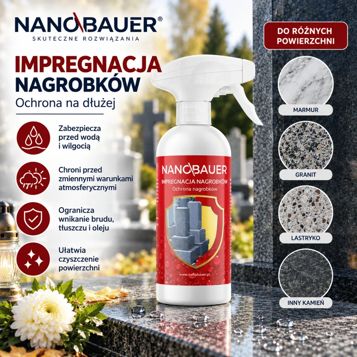 Zestaw płynu do mycia nagrobków i impregnat do nagrobków NANOBAUER